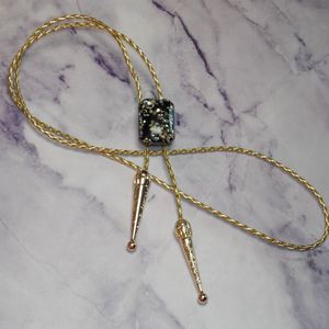 Pearl Chip Resin Cab Bolo Tie Gold and Black